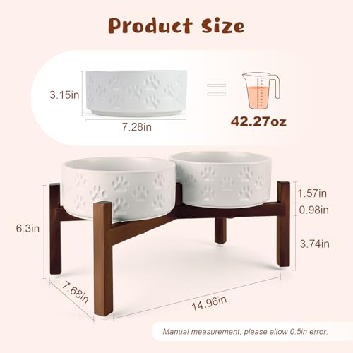 Ceramic Elevated Dog Bowl Set with Acacia Wood Stand for Food and Water for Medium Dogs (42.27 Oz / Dog Paw White)