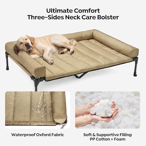 Outdoor Elevated Dog Bed with Waterproof Bolster Cushion (Beige Coffee / 49.0"L x 33.0"W x 9.0"Th)