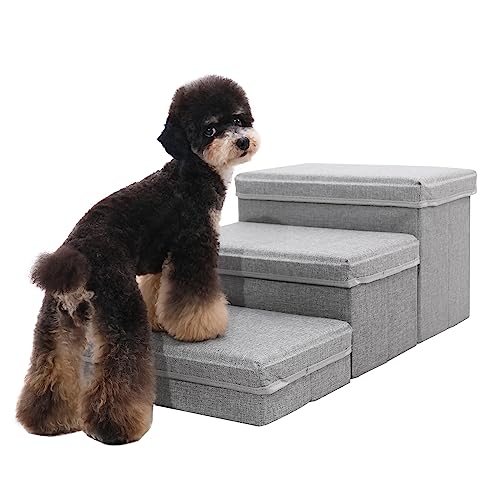 Linen Foldable Dog Stairs with Storage (Light Gray Linen)