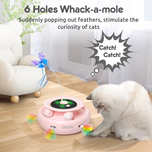 Cat Toy, 3-in-1 Automatic Interactive Electronic Moving Ambush Feather, Fluttering Butterfly, Track Balls, USB Rechargeable Powered Smart Indoor Exercise Kicker (Pink)