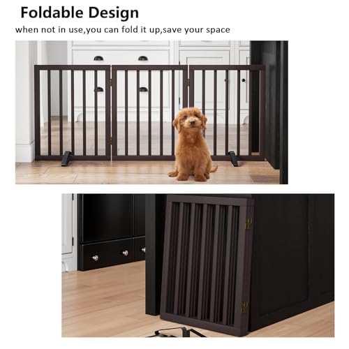Dog Gates for Doorways Stair House Freestanding Pet Gates for Dogs Wooden Dog Gate with Support Feet Indoor Fence (Espresso / 3 Panel - 55 inches Wide)