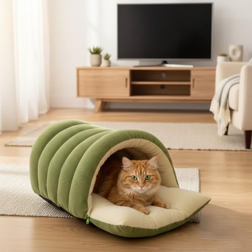 3-in-1 Enclosure Cat House Bed，Large Detachable Cat Cave Bed Warm，Cozy Cat Mat Nest Sleeping Bed Puppy House for Cats Small Dogs 22.4x14.5x11 Inches，Green (Green / Large)