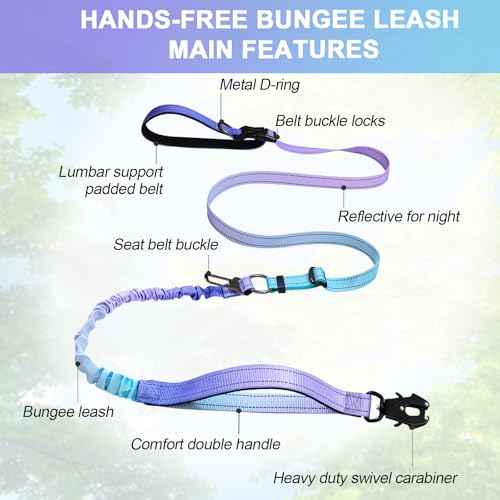 Heavy Duty Hands Free Dog Leash with Quick Release Carabiner and Adjustable No Pull Bungee Dog Running Waist Leash (Aurora Purple)