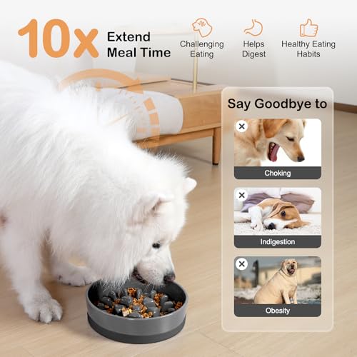 Ceramic Slow Feeder Dog Bowls for Medium Large Breed (Large-9.5 inches / Grey)