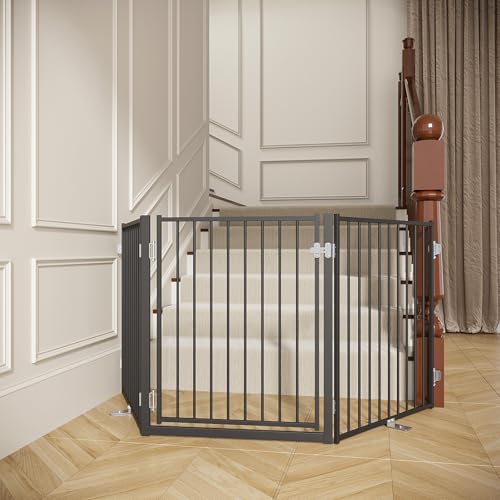 Freestanding Dog Gate with Door for Indoor & Outdoor (Black / 【3 Panels with Door】78"W×30"H)