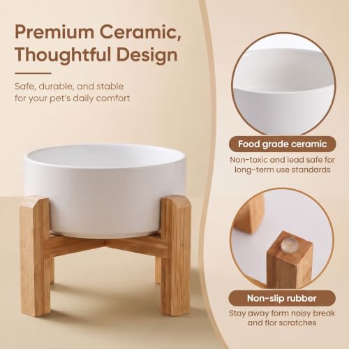 Elevated Ceramic Dog Bowl with Bamboo Stand (White / 3.6Cup)