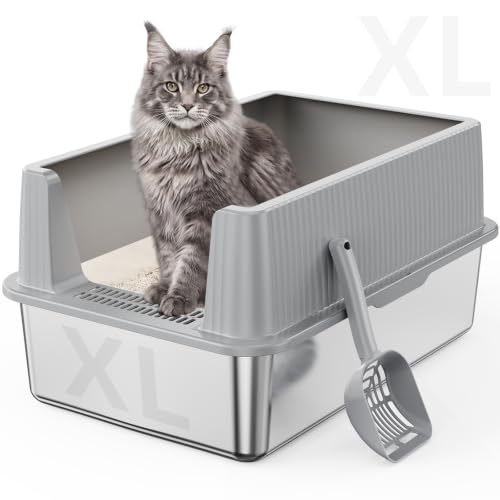 XL Stainless Steel Cat Litter Box with Lid and Scoop (Light Gray)