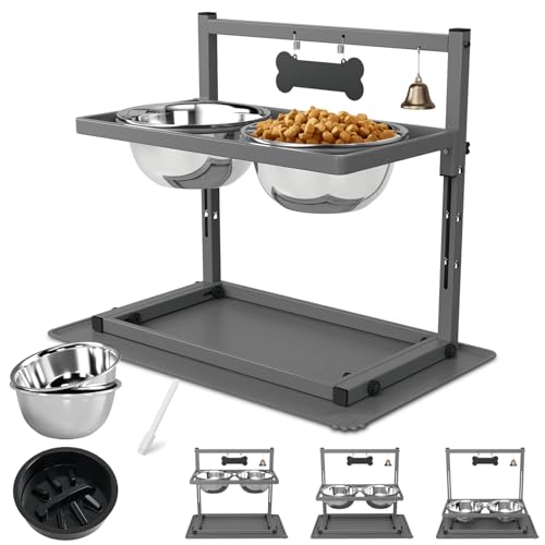 Grey Raised Dog Bowl Stand with Two 1700ml Stainless Steel Food Bowl (Gunmetal Grey - Slow Bowl & Mat / Large Dogs)