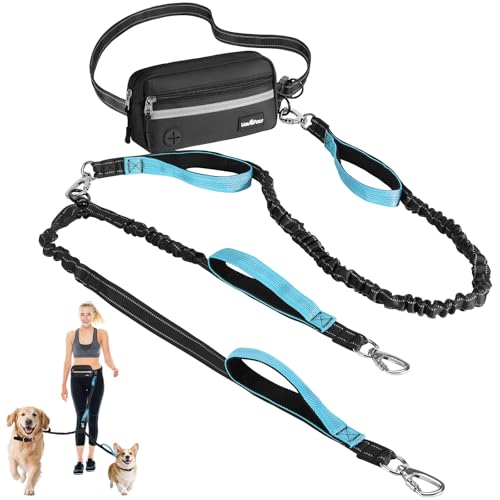 Hands Free Dog Leash for 2 Dogs with Pouch (Black/Blue / 2 Leashes)