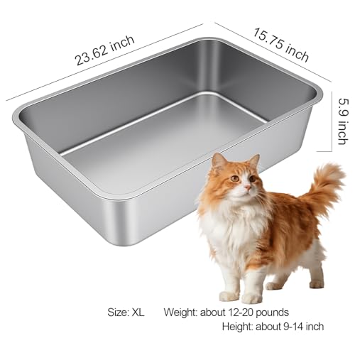 X Large High Sided Stainless Steel Cat Litter Box (23.62"L x 15.75"W x 5.91"H)