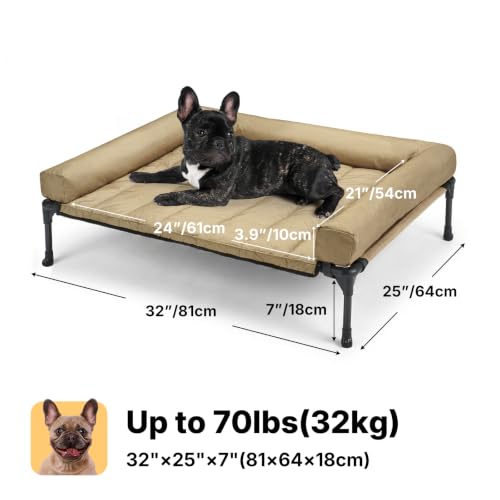 Outdoor Elevated Dog Bed with Waterproof Bolster Cushion (Beige Coffee / 32.0"L x 25.0"W x 7.0"Th)