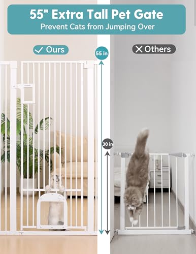 55" Extra Tall Pet Gate with Cat Door (White - P / 55" Tall, 29-43" Wide)