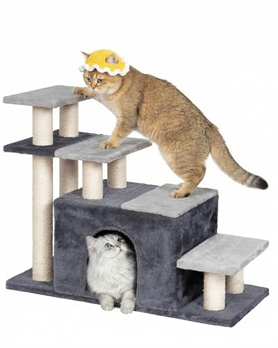 4 Tier Cat Stairs for High Bed with 22'' Cat Scratching Post (Extra Large-Gray)