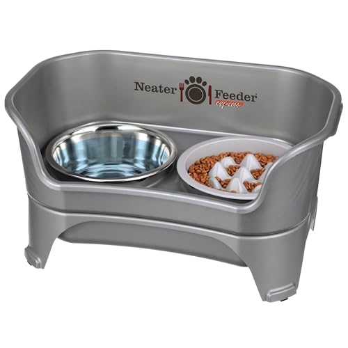 Express Mess Proof Dog Bowls Elevated for Medium and Large Breed (Medium to Large w/ 9 Peak Slow Feed Bowl / Gunmetal Grey)