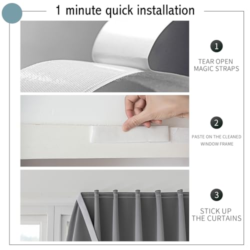 Magic Tape Stick on Curtains Blackout Curtains for Bedroom no Drillng Self Adhesive Curtain no Rod Small Window (Grey / 59"W x 79"L (Pack of 2))