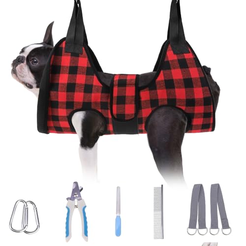 Dog Grooming Hammock for Small Dogs (S (Leg Spacing: 7-10.2" / Max W: 30lbs) / Buffalo Red)