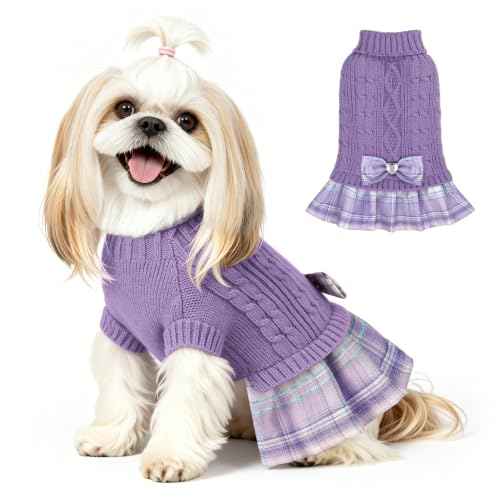 Small Dog Sweater Dress with Bowtie Turtleneck (Small (5-8lbs) / Purple)