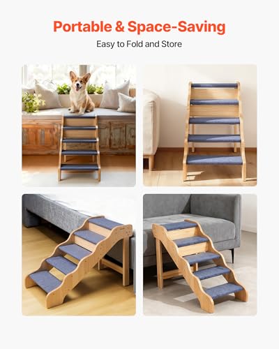 Wood Pet Stairs (Wood Color+Blue / 5-Step Fixed)