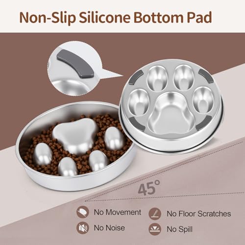 Slow Feeder Dog Bowl for Fast Eating Dogs Heavy Duty Stainless Steel 8.2" with Non (Metallic / 2 Cups)