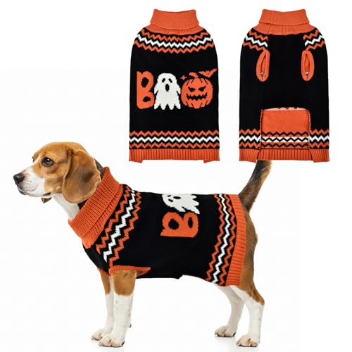 Halloween Dog Stripe Sweater Cute Pumpkin Ghost Pattern Pet Knitwear Clothes Festival Boo Letters Outfits Halloween Costume for Small Middle Large Dogs L (Large)
