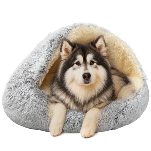 Round Plush Fluffy Hooded Cat Bed Cave (40.0"L x40.0"W x 7.0"Th / grey)