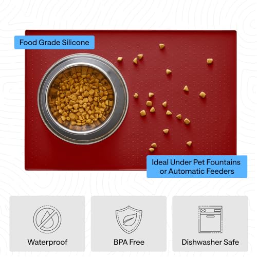 Dog Food Mat 100% Waterproof Silicone (Red / 23"l X 15"w)