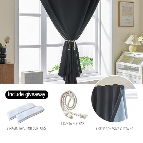 100% Blackout Shades Window Cover Self Adhesive Curtains Sticky Curtain Portable Easy Open Black Out Curtains for Bedroom Living Room No Drilling (Black/ Thickened / 35"W x 71"L (Pack of 1))