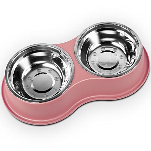 Stainless Steel Dog Bowls Double Non (Large-34oz / 5.Pink)