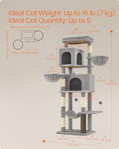 Cat Tree, 69-in Large Cat Tower, Multi-Level Condo, Dove Gray (Dove Gray)
