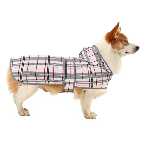 Dog Raincoat Waterproof Dog Rain Jacket with Hood (Khaki Plaid / Large)