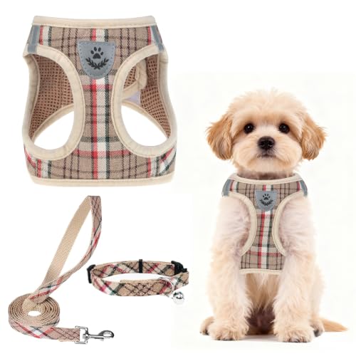 Dog Harness Collar and Leash Set No Pull for Small Medium Sized (Khaki / S (CHEST 14.5"-16"))