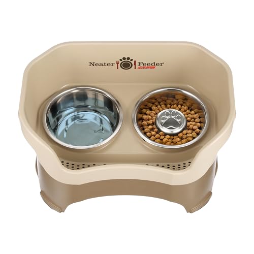 Neater Feeder Deluxe Mess Proof Dog Bowls Elevated for Large Breeds (Large with Slow Feed Bowl / Cappuccino)