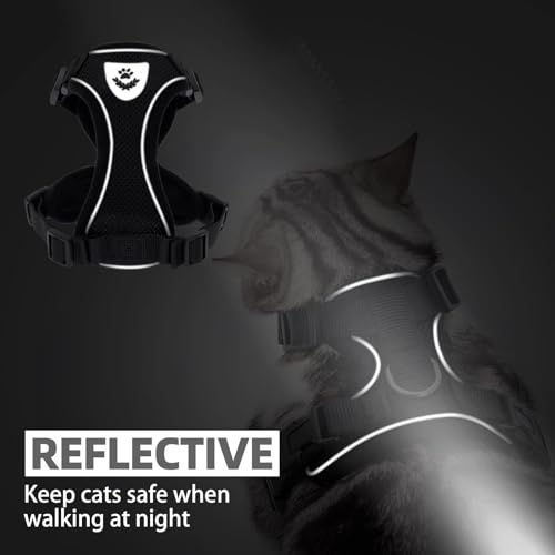 Cat Harness and Leash Set Escape Proof Reflective Cat Walking Harness Adjustable Soft Breathable Mesh Vest for Small Pets (M (NECK 11"-13.7", CHEST 16"-20") / Black)