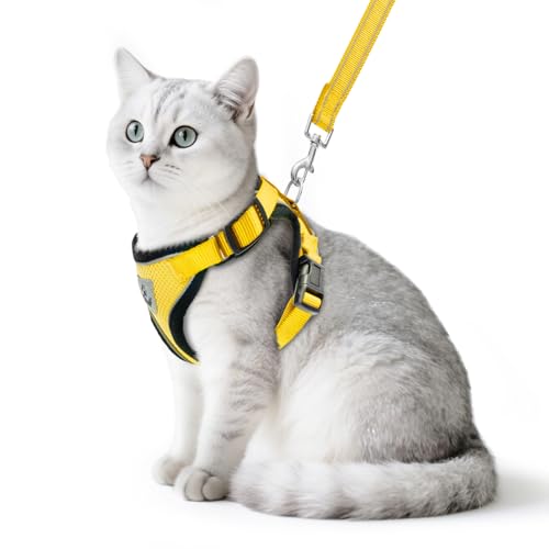 Cat Harness and Leash Set Escape Proof Reflective Cat Walking Harness Adjustable Soft Breathable Mesh Vest for Small Pets (S (NECK 9.5"-11", CHEST 13"-16") / Yellow)
