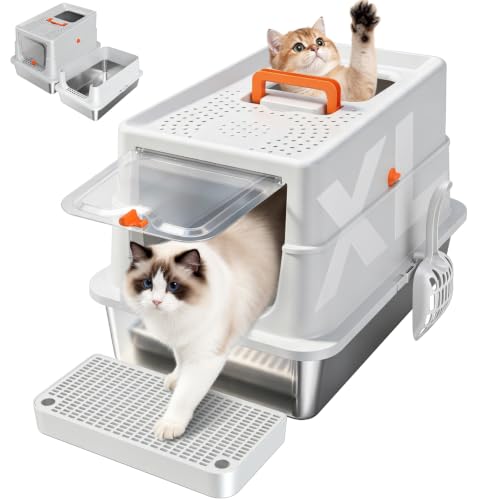 High Sided Stainless Steel XL Cat Litter Box for Cats (Grey)