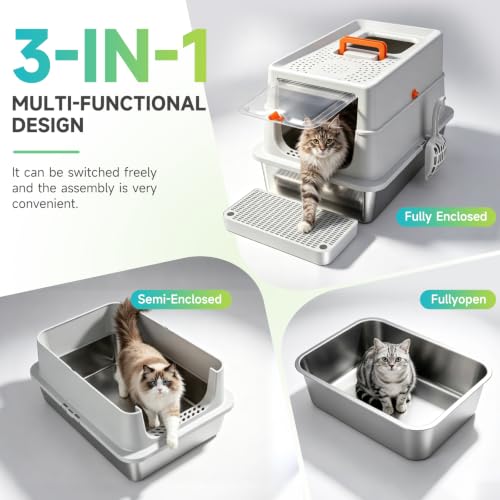 High Sided Stainless Steel XL Cat Litter Box for Cats (Grey)