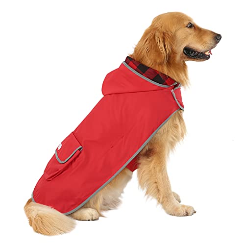2-in-1 Reversible Dog Raincoat Hooded Poncho Rain Jacket Red Plaid 3XL (XXX-Large / Buffalo Plaid / Red)