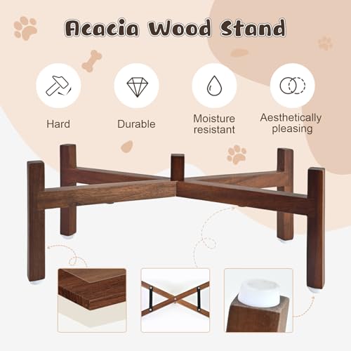 Ceramic Elevated Dog Bowl Set with Acacia Wood Stand for Food and Water for Medium Dogs (42.27 Oz / Dog Paw White)