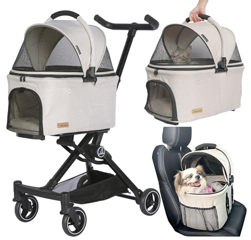 2026 Upgraded Version 3 in 1 Dog Cat Stroller with Detachable Carrier Lightweight Folding Portable All Terrain Pet Travel System Puppy Kitty Doggie Bunny Stroller for 30lbs (Light Khaki)