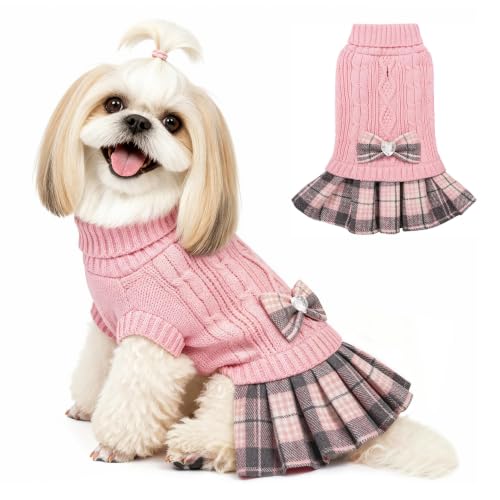 Small Dog Sweater Dress with Bowtie Turtleneck (Small (5-8lbs) / Pink)
