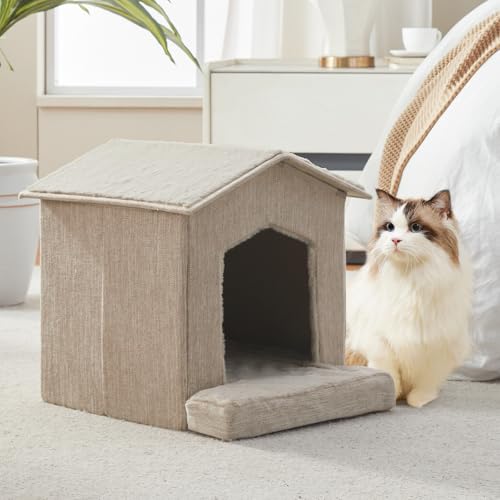 Cat Beds for Indoor Cats (Beige / 13.7"D x 13.4"W x 16"H)