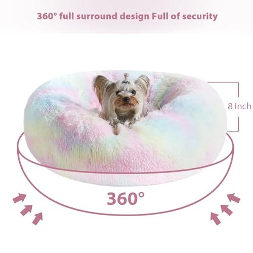 Large Round Calming Dog Bed Cat Bed for Comfy Sleep (45"L x 45"W x10"Th / Rainbow)