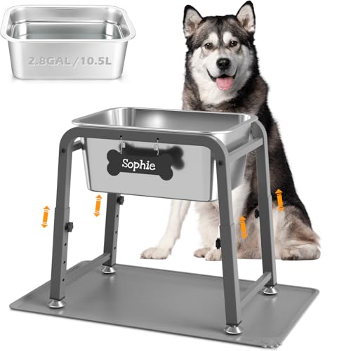 2.8 Gallon Elevated Large Dog Water Bowl with Mat (Grey-2.8 gal & mat / Height: 10.4-15.2")