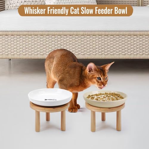 Shallow Elevated Cat Bowls with Bamboo Stand (white apricot)
