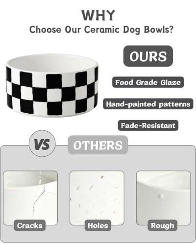 Ceramic Dog Bowl Set of 2 with Wood Stand (M-3.5 Cups / 01-Checkerboard & Stripe)