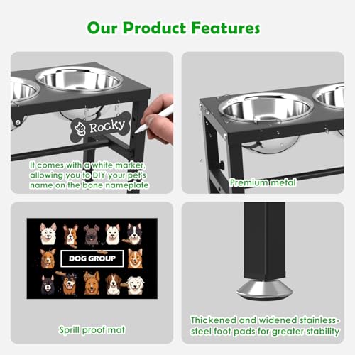 Metal Elevated Dog Bowls Stand for Large Dogs with Mat & Three 58oz Food Water Bowls (Black-1.7L-Three)