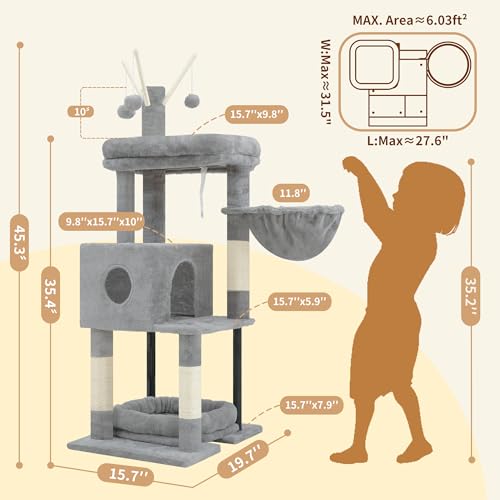 Cat Tree 45.3" Cat Tower for Indoor Cats with Large Perch HCT202SW (45.3 inch / Light Gray)