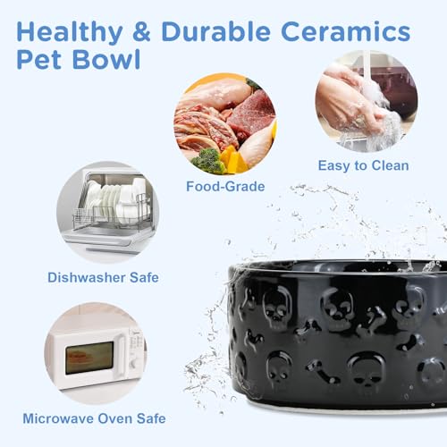 Elevated Dog Bowls Ceramic (7.3 in - 5.3 cups / Black- Skull)