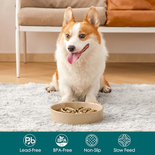 Ceramic Slow Feeder Dog Bowls (M-1.5 Cups / Brown)