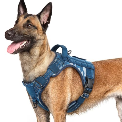 Tactical Dog Harness for Large Dogs (L(Chest:22"-37",Neck:21.1"-30.3",Back:8.3") / Blue Camo)